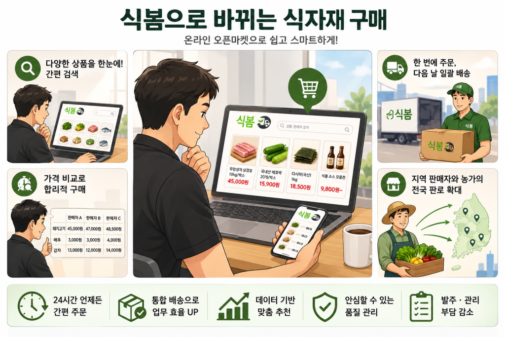 온라인 오픈마켓으로 식자재를 구매하면 얻게 될 효용성. (생성형AI 제작 이미지)
식봄으로 바뀌는 식자재 구매
온라인 오픈마켓으로 쉽고 스마트하게!
다양한 상품을 한눈에! 간편 검색
가격 비교로 합리적 구매
한 번에 주문, 다음날 일괄 배송
지역 판매자와 농가의 전국 판로 확대
24시간 언제든 간편 주문
통합 배송으로 업무 효율 UP
데이터 기반 맞춤 추천
안심할 수 있는 품질 관리
발주 관리 부담 감소
